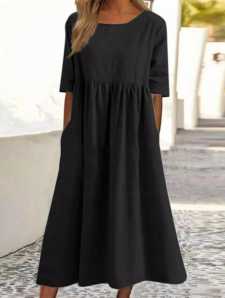 🔥Saldi estivi🔥Abito in cotone con scollo rotondo e tasca