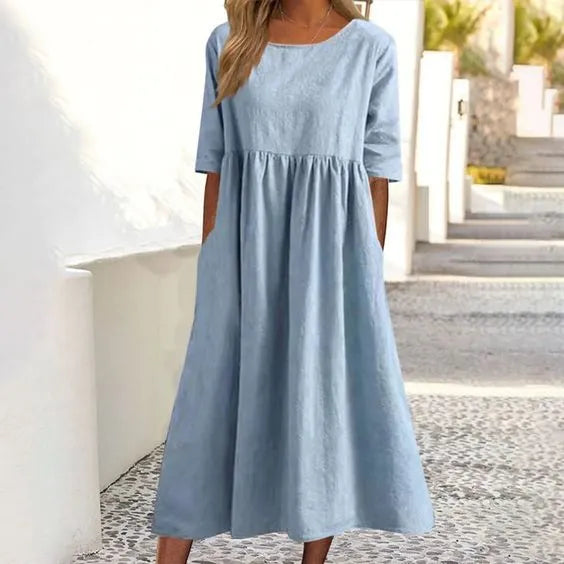 🔥Saldi estivi🔥Abito in cotone con scollo rotondo e tasca