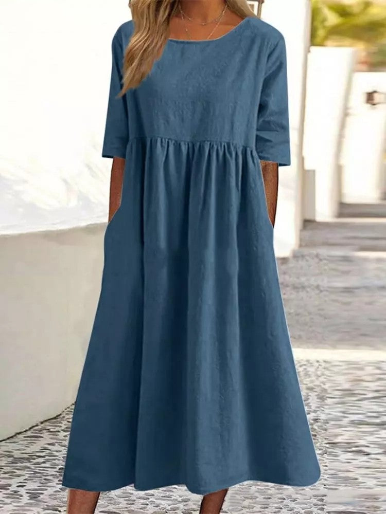 🔥Saldi estivi🔥Abito in cotone con scollo rotondo e tasca