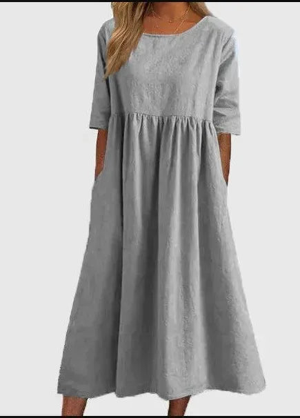 🔥Saldi estivi🔥Abito in cotone con scollo rotondo e tasca