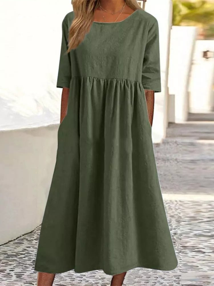 🔥Saldi estivi🔥Abito in cotone con scollo rotondo e tasca