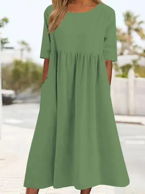 🔥Saldi estivi🔥Abito in cotone con scollo rotondo e tasca