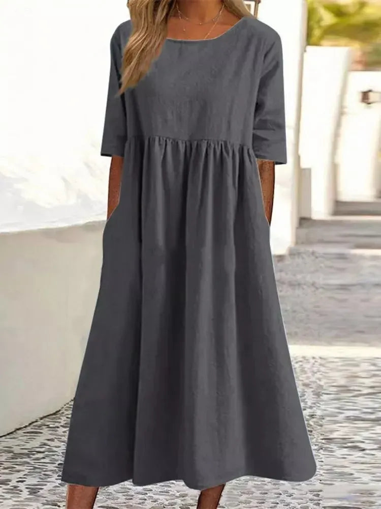 🔥Saldi estivi🔥Abito in cotone con scollo rotondo e tasca