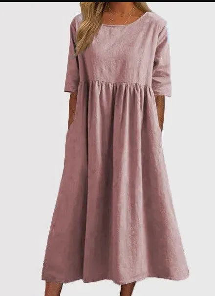 🔥Saldi estivi🔥Abito in cotone con scollo rotondo e tasca