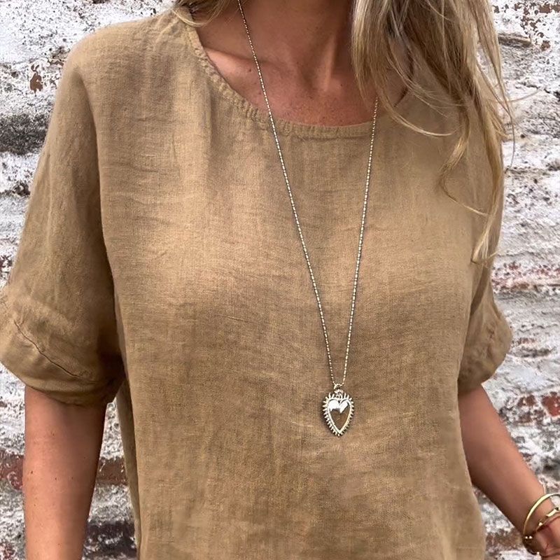 Camicetta monocolore a collo rotondo in cotone leggero per donna