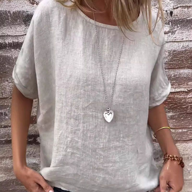 Camicetta monocolore a collo rotondo in cotone leggero per donna