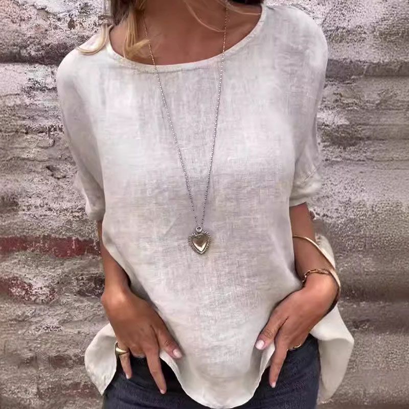 Camicetta monocolore a collo rotondo in cotone leggero per donna