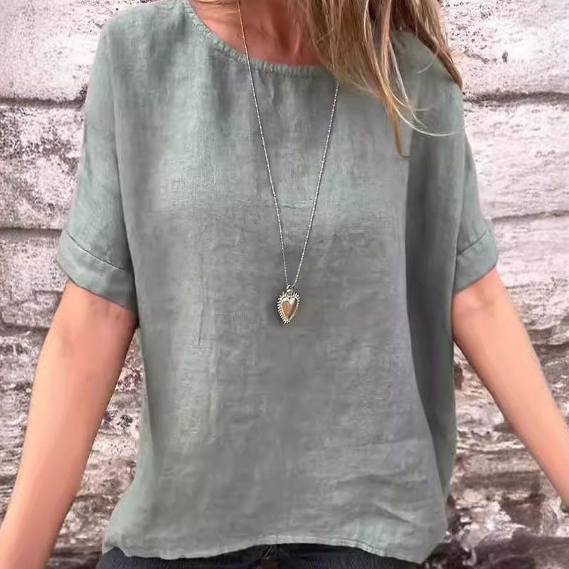 Camicetta monocolore a collo rotondo in cotone leggero per donna