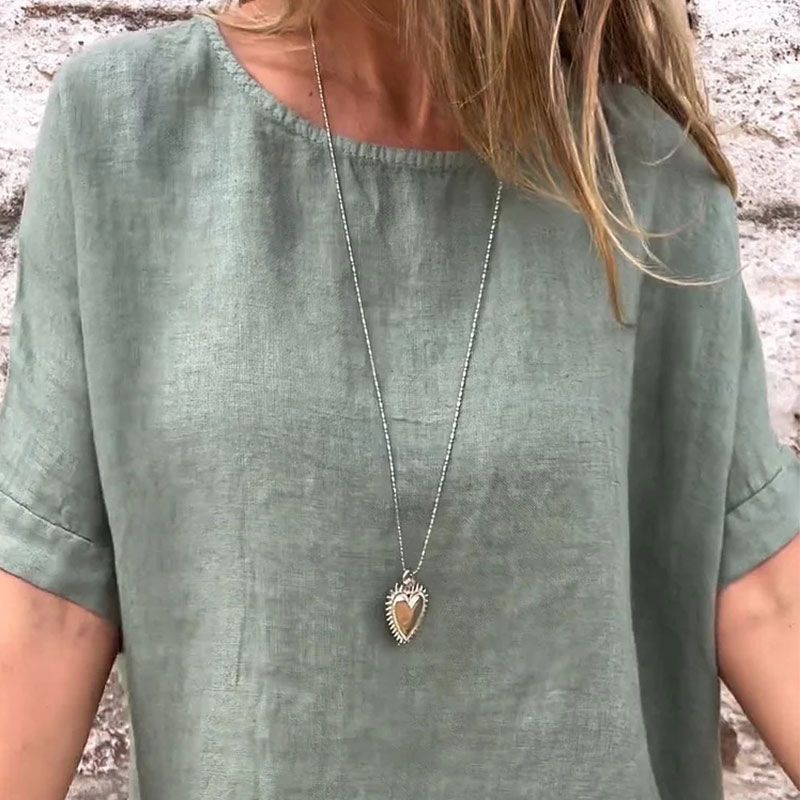 Camicetta monocolore a collo rotondo in cotone leggero per donna