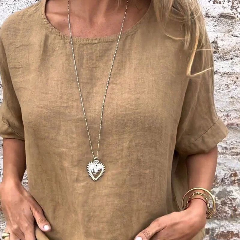 Camicetta monocolore a collo rotondo in cotone leggero per donna