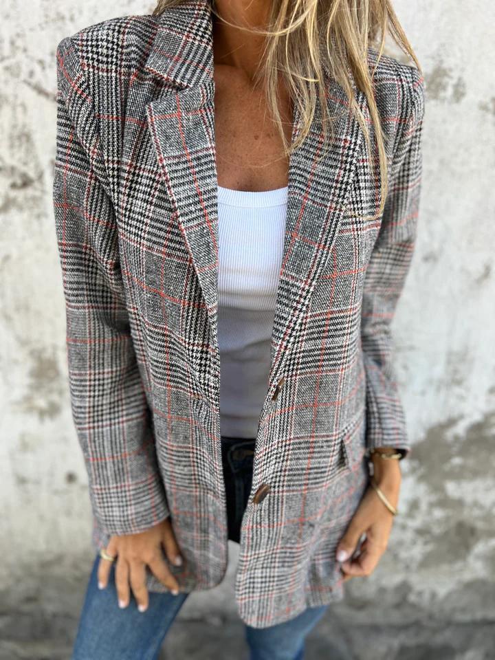 🍂Terno feminino pequeno, com gola de lapela, corte justo, botões e estampa xadrez ✈️COMPRE 2 FRETE GRÁTIS✈️