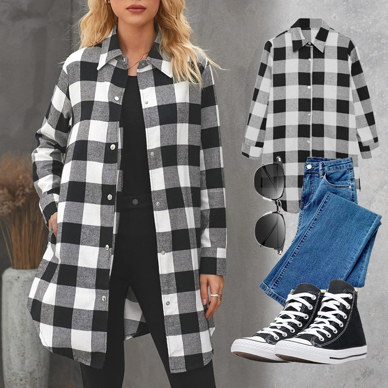 Giacca chemisier lunga a quadri da donna