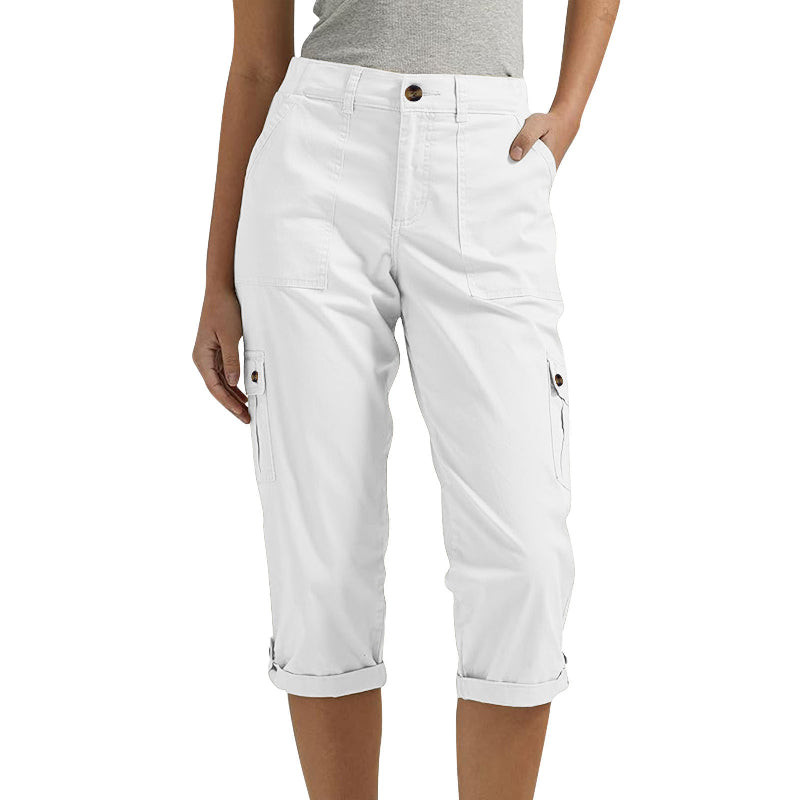 Capri Cargohose mit Taille und Falten unten und mehreren Taschen