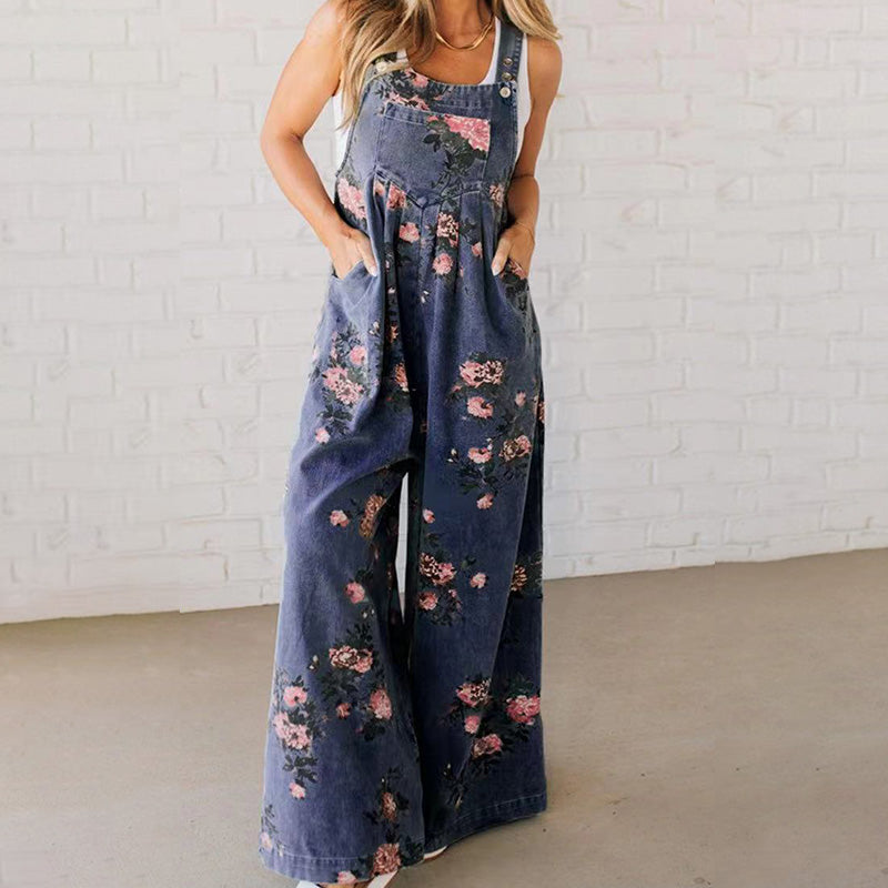 Tuta in jeans stampata casual da donna