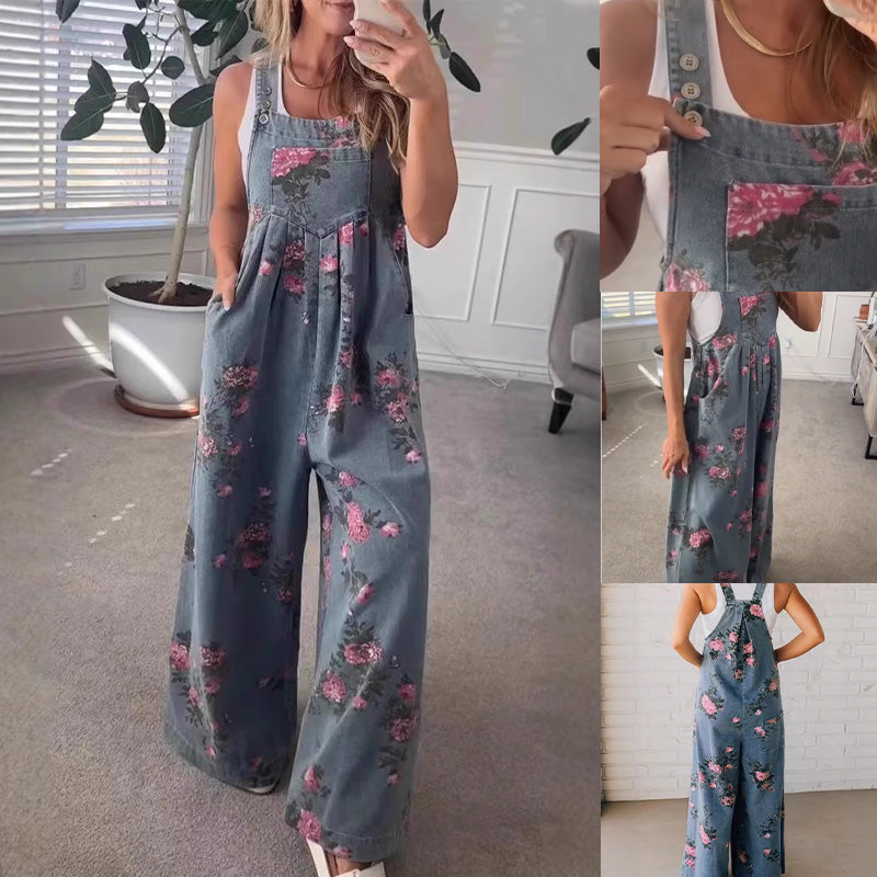 Tuta in jeans stampata casual da donna