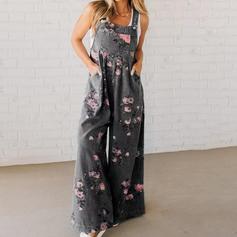Tuta in jeans stampata casual da donna