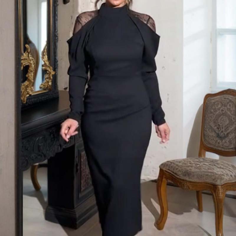 🎁Saldi scottanti 50% DI SCONTO⏳Elegante abito midi da donna con collo alto e retro in pizzo