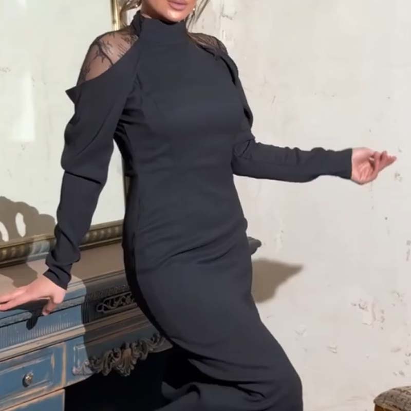 🎁Saldi scottanti 50% DI SCONTO⏳Elegante abito midi da donna con collo alto e retro in pizzo