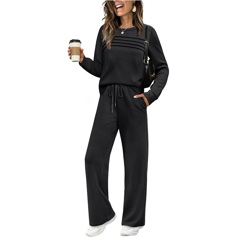 Set donna top girocollo e pantaloni con couliss