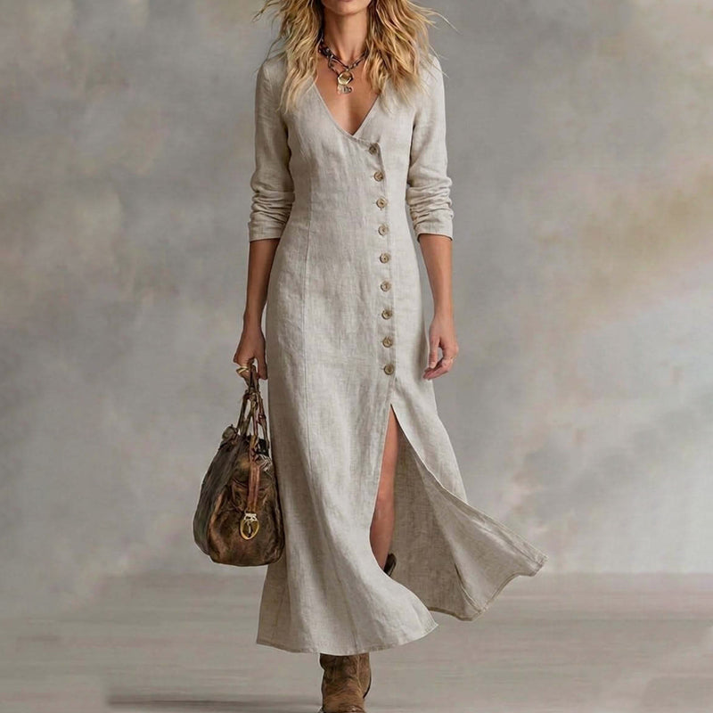 🔥Offerta a tempo limitato - Abito lungo da donna con maniche lunghe, scollo a V e bottoni