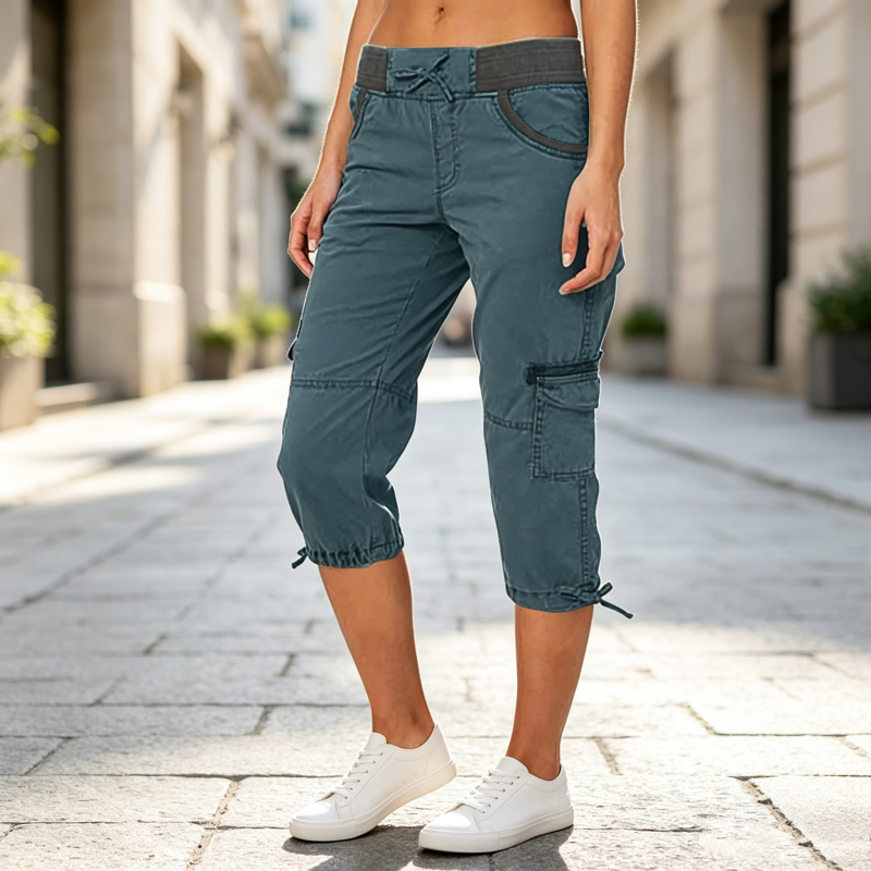 Calça capri cargo feminina de cintura alta