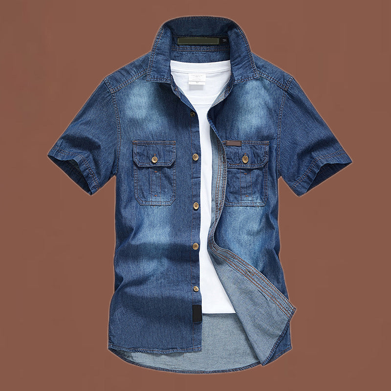 🔥👔 50% OFF! Camisa Masculina de Manga Curta em Jeans – Estilo Vintage, Bolsos Funcionais e Conforto