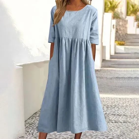 Promoção de verão - Vestido de algodão com decote redondo, bolsos e alças no pescoço