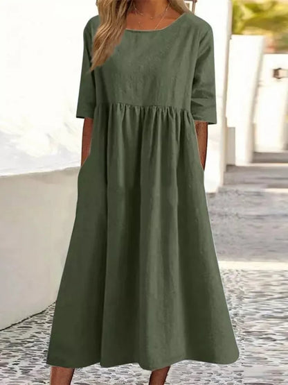 Promoção de verão - Vestido de algodão com decote redondo, bolsos e alças no pescoço