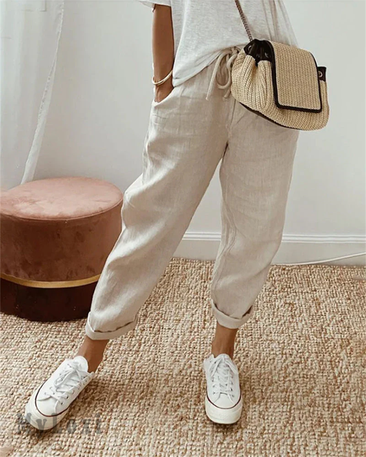 Pantaloni casual in cotone e lino per donna