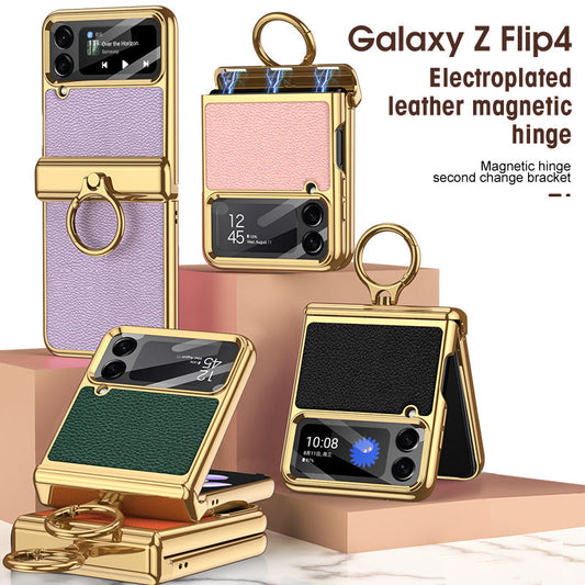 Het gegalvaniseerde Geval van de Leer Magnetische Scharnier Telefoon voor Samsung Galaxy  Z Flip4 Flip3 5G