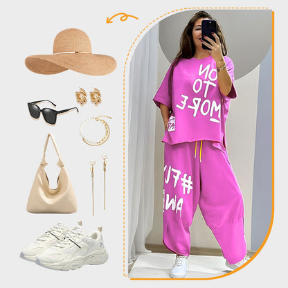 Zweiteiliges T-Shirt und Hose für lässige Frauen