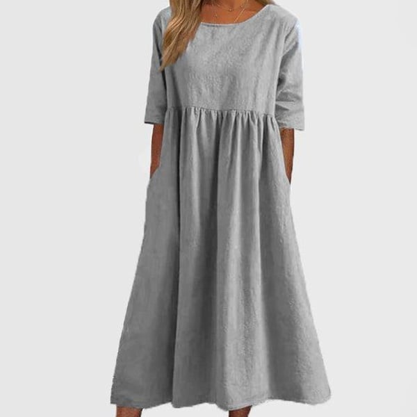 Promoção de verão - Vestido de algodão com decote redondo, bolsos e alças no pescoço
