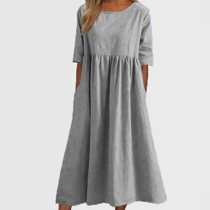 Promoção de verão - Vestido de algodão com decote redondo, bolsos e alças no pescoço