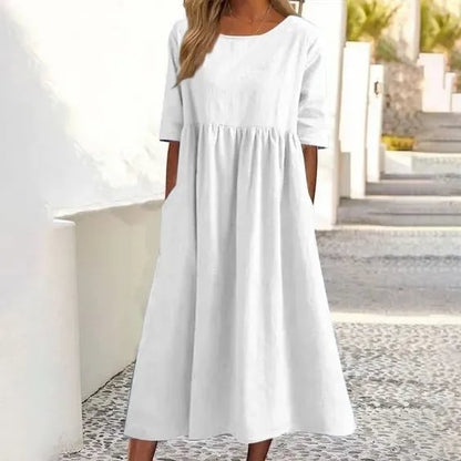 Promoção de verão - Vestido de algodão com decote redondo, bolsos e alças no pescoço