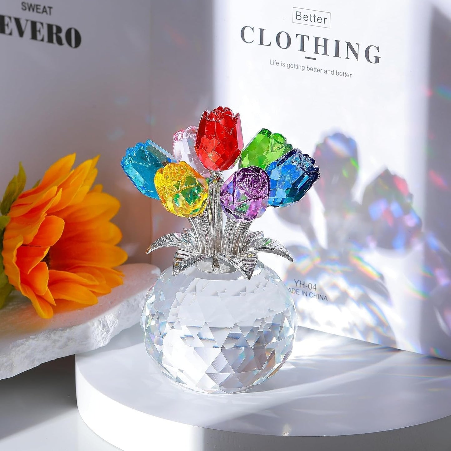 💐 SCONTO DEL 50%! ✨ Statuetta di fiori rosa in cristallo con vaso – Decorazione elegante, fatta a mano e perfetta idea regalo 🎁