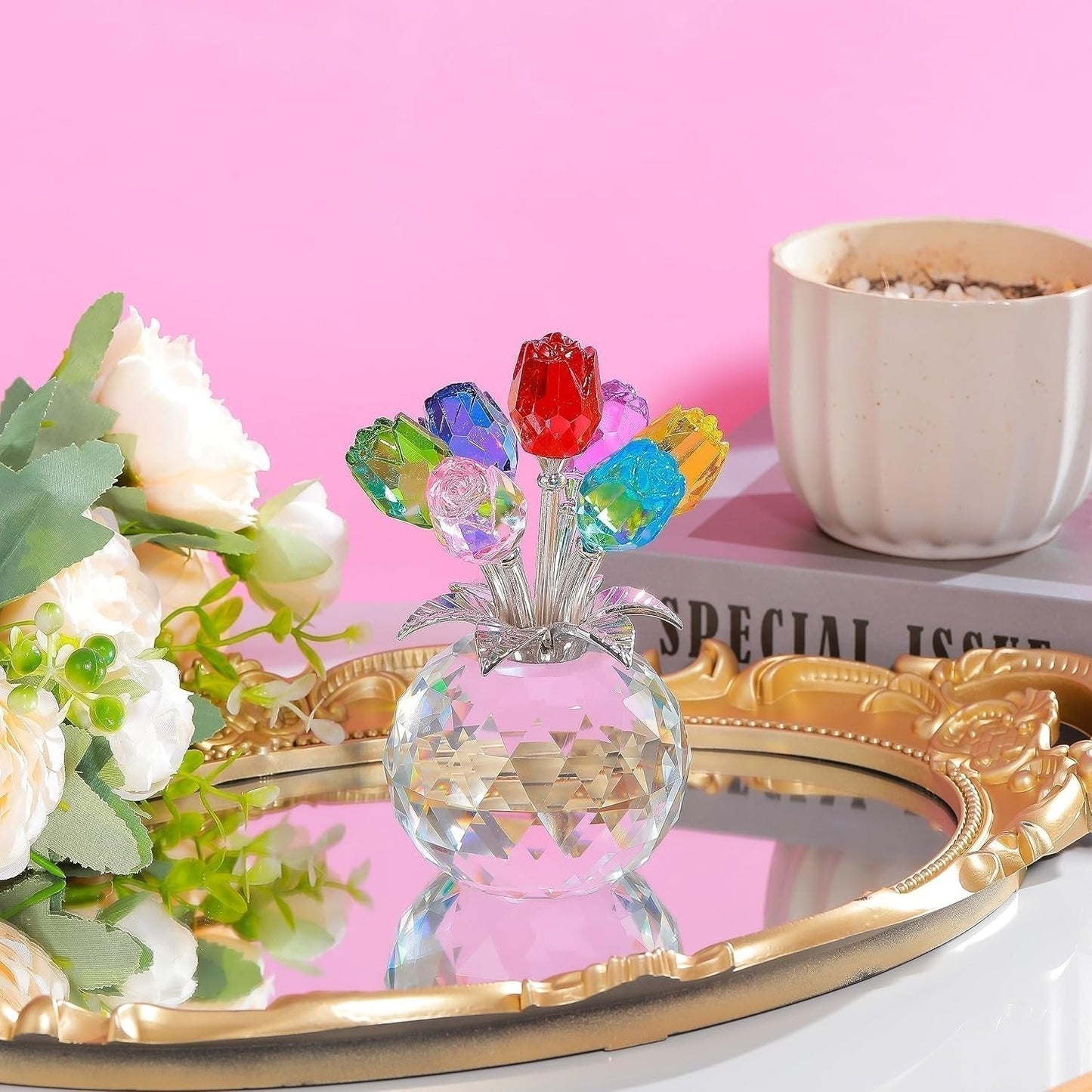 💐 SCONTO DEL 50%! ✨ Statuetta di fiori rosa in cristallo con vaso – Decorazione elegante, fatta a mano e perfetta idea regalo 🎁