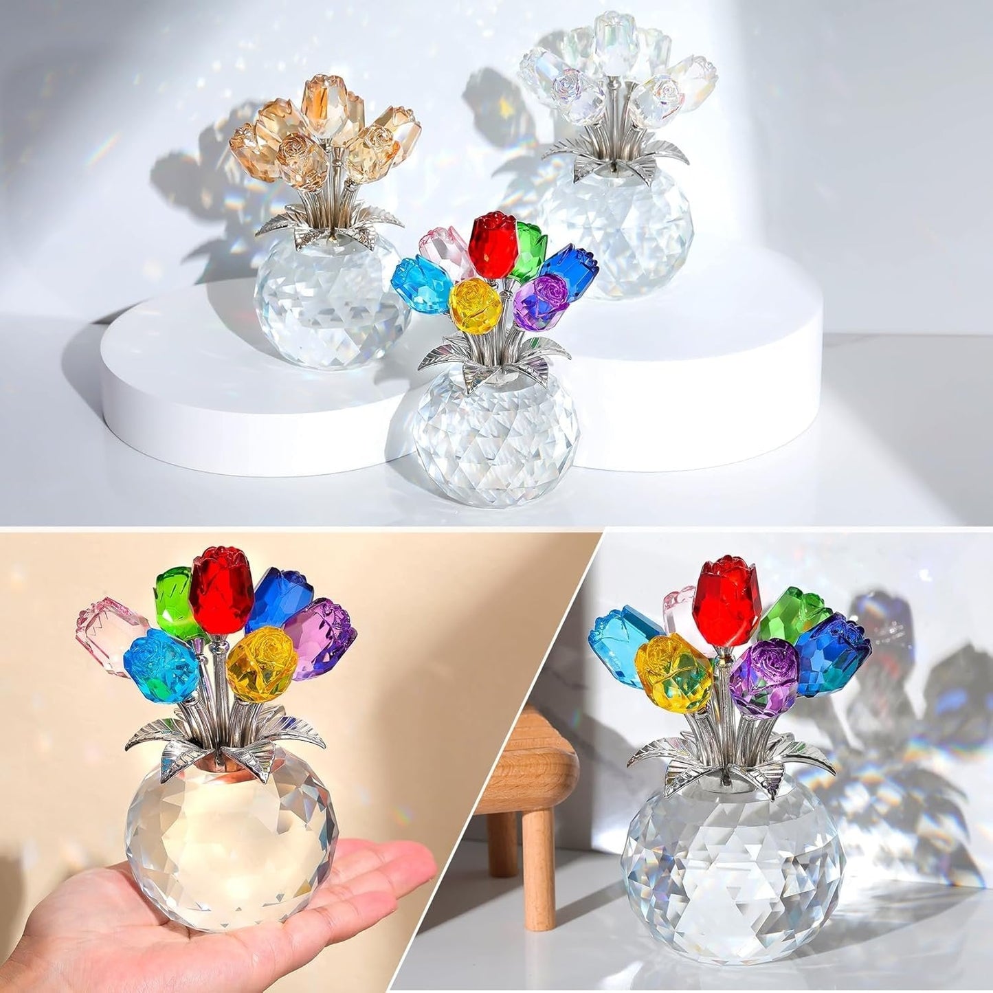 💐 SCONTO DEL 50%! ✨ Statuetta di fiori rosa in cristallo con vaso – Decorazione elegante, fatta a mano e perfetta idea regalo 🎁