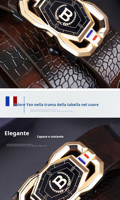 🐊Cintura in pelle per uomo con elegante motivo coccodrillo, fibbia automatica e realizzata in pelle bovina.