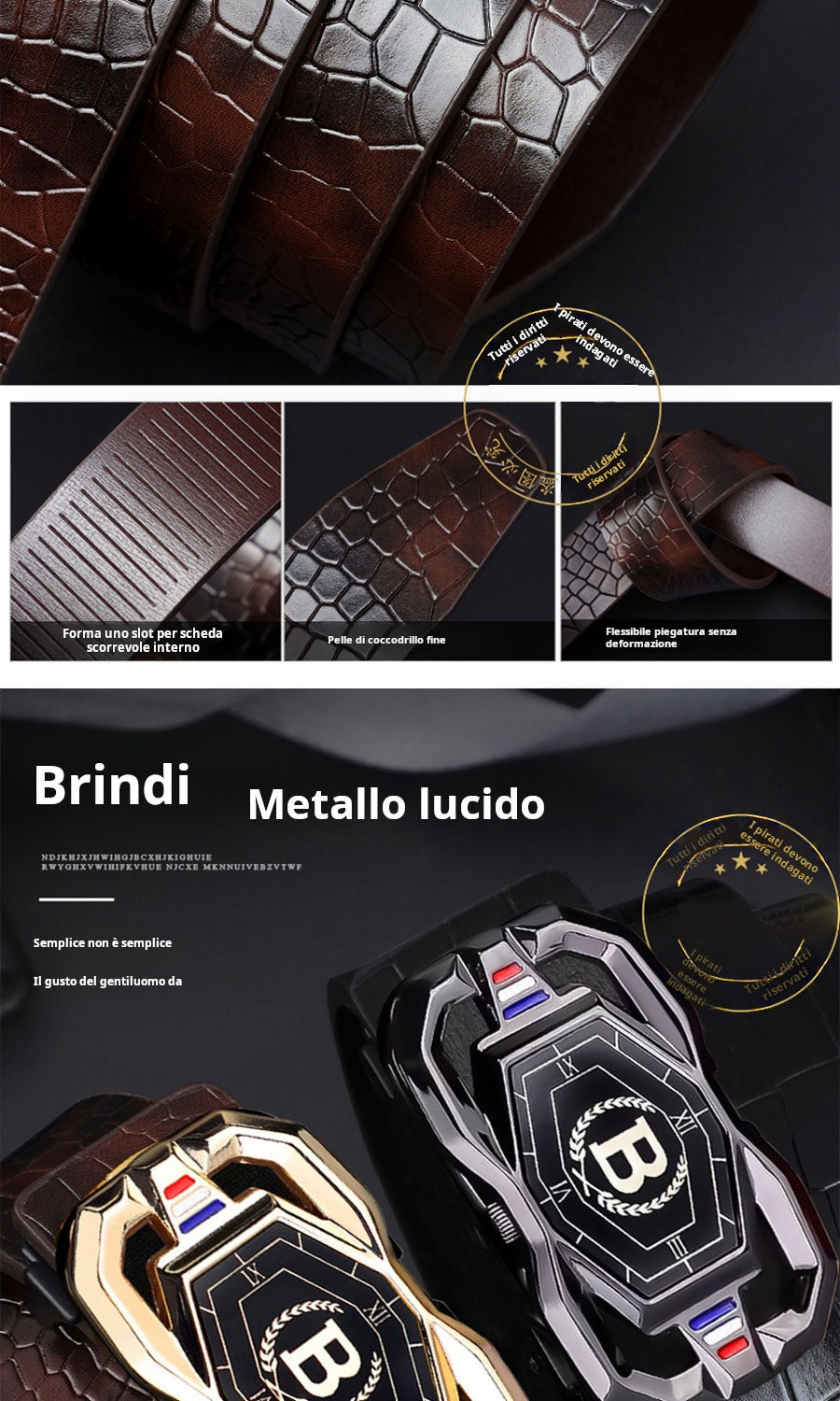 🐊Cintura in pelle per uomo con elegante motivo coccodrillo, fibbia automatica e realizzata in pelle bovina.