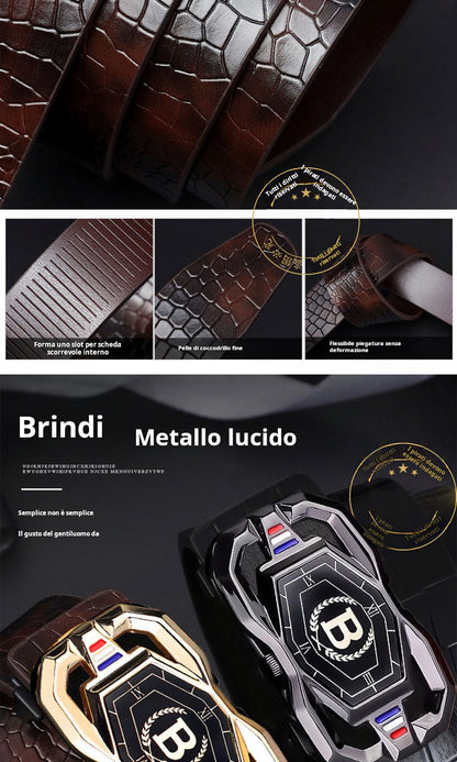 🐊Cintura in pelle per uomo con elegante motivo coccodrillo, fibbia automatica e realizzata in pelle bovina.