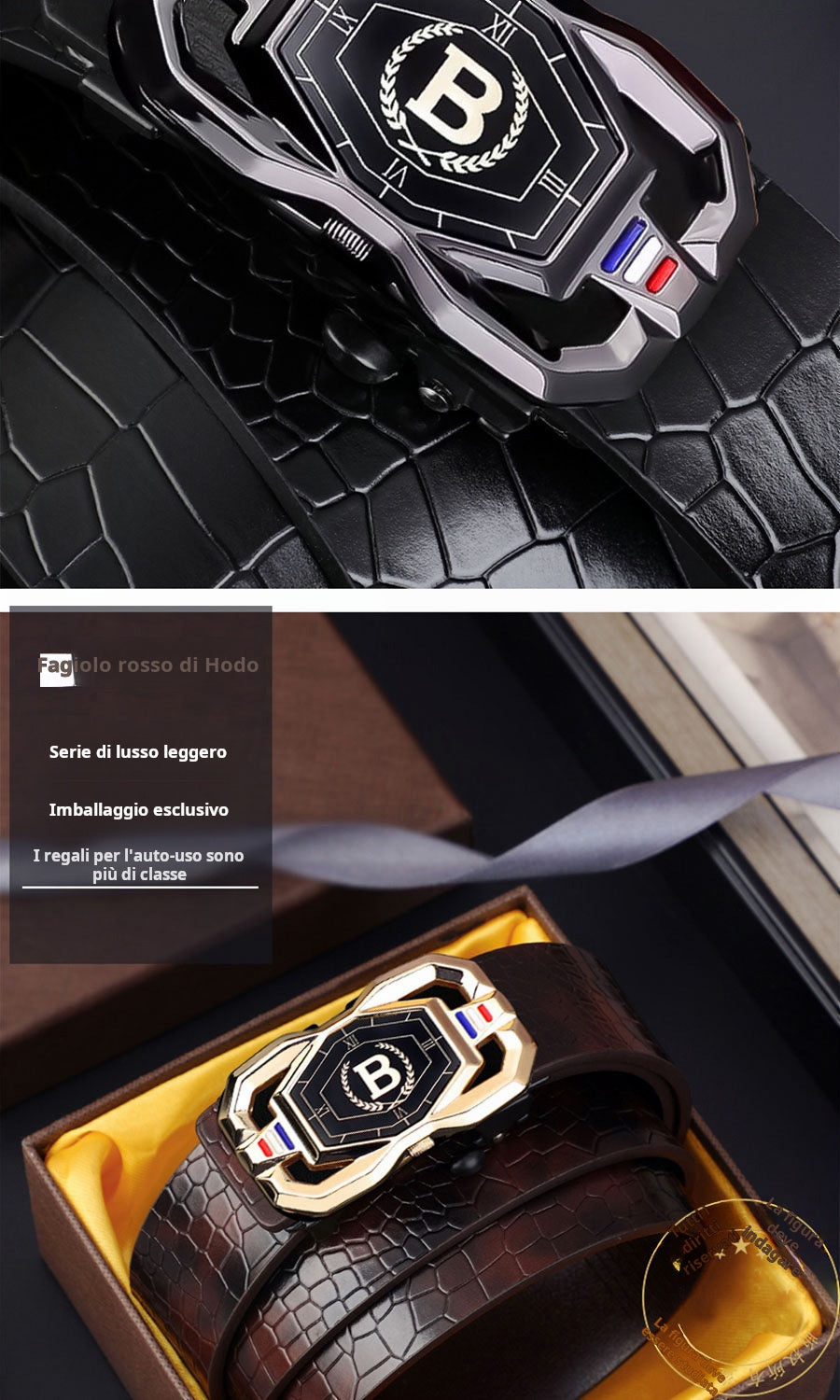 🐊Cintura in pelle per uomo con elegante motivo coccodrillo, fibbia automatica e realizzata in pelle bovina.