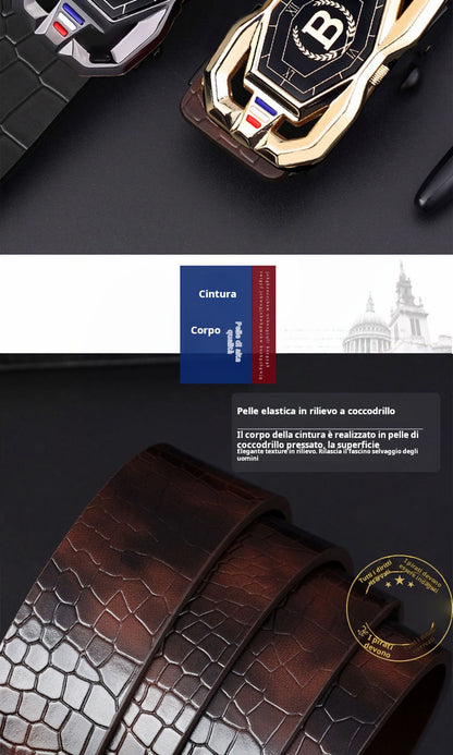 🐊Cintura in pelle per uomo con elegante motivo coccodrillo, fibbia automatica e realizzata in pelle bovina.