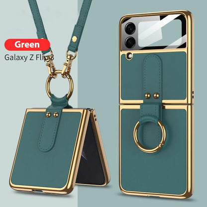 Originele Leren Achterkant Gehard Glas Hard Frame Hoesje Met Lanyard Voor Samsung Z Flip 4 Flip 3 5G-8