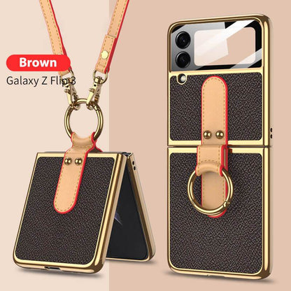 Originele Leren Achterkant Gehard Glas Hard Frame Hoesje Met Lanyard Voor Samsung Z Flip 4 Flip 3 5G-6