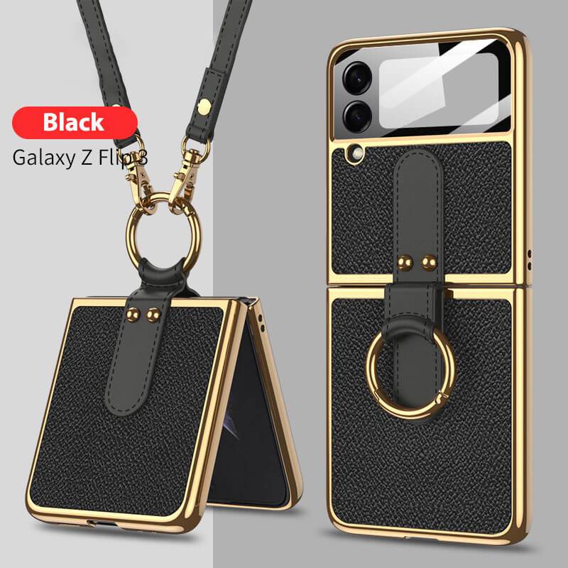 Originele Leren Achterkant Gehard Glas Hard Frame Hoesje Met Lanyard Voor Samsung Z Flip 4 Flip 3 5G-7