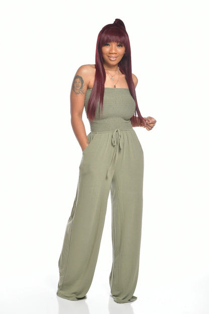 🔥Off Shoulder Ensfarget jumpsuit med smokk