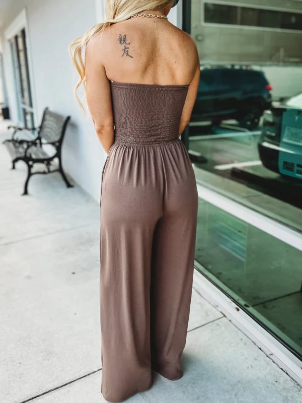 🔥Off Shoulder Ensfarget jumpsuit med smokk