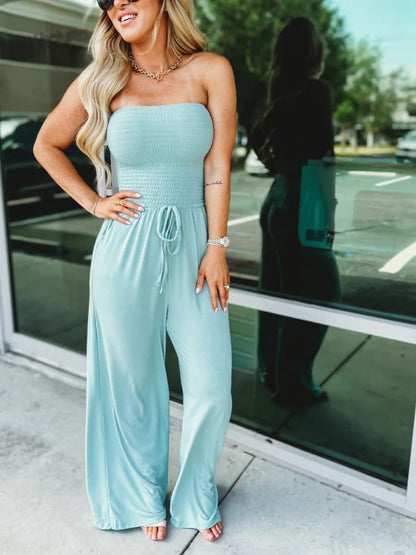 🔥Off Shoulder Ensfarget jumpsuit med smokk