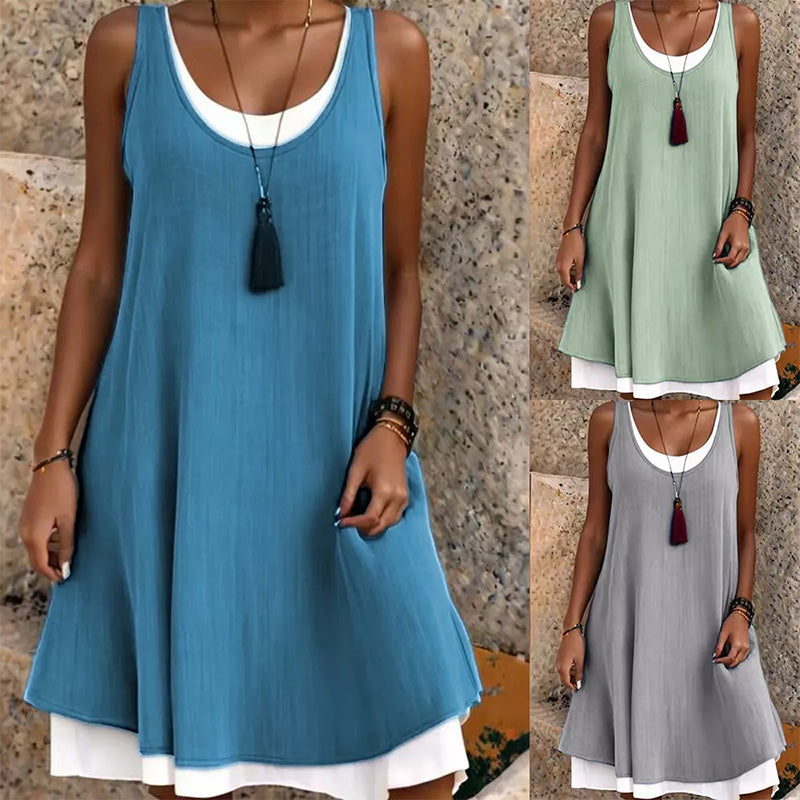 ⏰Último dia de promoção! 50% de desconto💃Vestido feminino casual, solto, sem mangas, com efeito de duas peças.