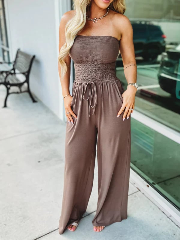 🔥Off Shoulder Ensfarget jumpsuit med smokk